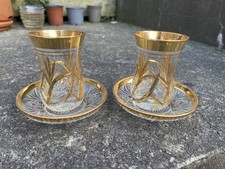 Set of 2 Pressed Glass Turkish Tea Glass & Saucer Gold Finish 