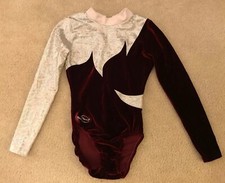 EUC! Girls Maroon Velour/White Metallic Gymnastics Long Sleeve Leotard Sz 8-10