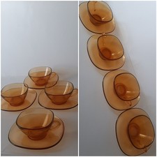 Vintage Vereco France Glass Cups 100ml Saucers Set Amber Coffee Tea  x4