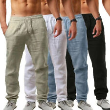 Mens Cotton Linen Sweatpants Straight Elastic Waist Casual Loose Sports Trousers