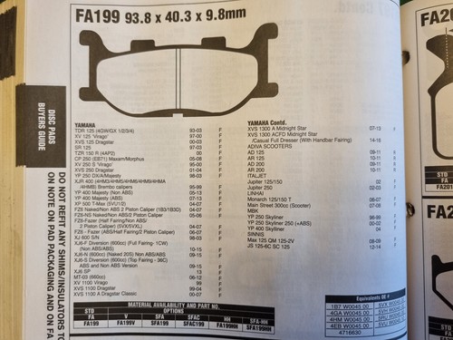 Fa199 brake pads yamaha - pads, tdr