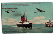 Novel Race Aeroplanes versus Turbine Steamer Ben-My-Chree Douglas 1911 Postcard