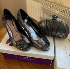 Lunar Pewter Heel Open Toe Shoes Size 5 & Matching Bag. Used Once For A Wedding