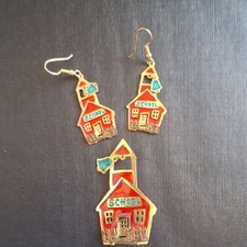 Festive Schoolhouse Earrings and Brooch Set
