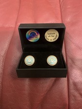 Vintage CHANEL Button Earrings - Duck Egg Blue Enamel & Gold Tone CC Logo