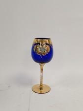 Vintage Blue and Gold Bohemian Glass Goblet with Floral Design - PRE-OWNED