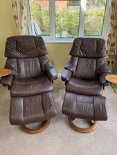 Pair Ekornes Stressless Reno Chairs Brown Leather, Footstools & Swing Tables Vgc