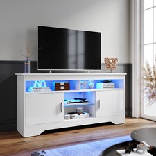 135cm TV Stand Cabinet White TV Unit with LED Lights High Gloss Storage Doors