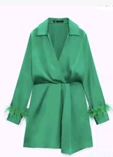 ZARA MINI GREEN SATIN FEATHER COCKTAIL DRESS SIZE M.  £