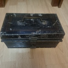 Antique / Vintage Large Black & Gold Metal Cash Box With Interior Coin Tray