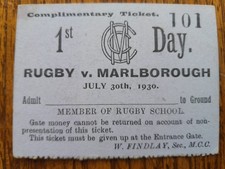 1930 Cricket Match Ticket – Rugby School vs Marlborough – Marylebone CricketClub