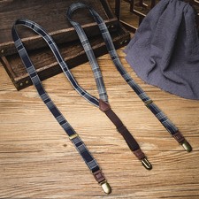 Vintage plaid braces strong 3 clips Y-shaped sling shoulder straps suspenders
