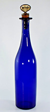 ANTIQUE ENAMEL BRANDY LABEL BOTTLE STOPPER in BRISTOL BLUE GLASS DECANTER BOTTLE