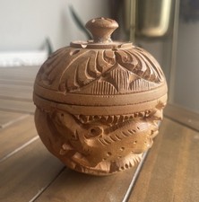 Beautiful Vintage African Wooden Carved Wood Trinket Dish Tub With Screw Top Lid