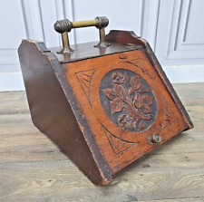 Antique Edwardian Wooden Fireside Coal Scuttle Box - Carved Storage Brass Retro