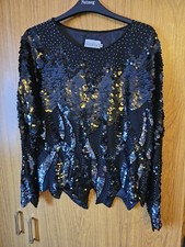 Feminella 100% Silk Black Sequined Long Sleeve Assymetric Blouse Size M