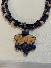 Vintage DZI Carved Cat Pendant Lapis Lazuli Bead 2 Strand 925 Silver Necklace