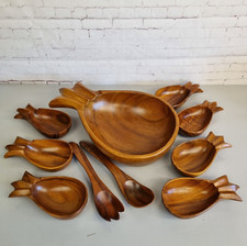Wooden Bowls Pineapple Shaped Nibbles Salad Snack Set Vintage 70s Tiki Boho Bar
