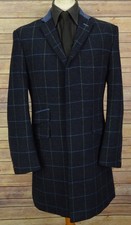Mens tweed check wool overcoat blue 40 crombie style coat jacket large epsom