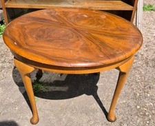 Antique Walnut Round Quad Veneer Coffee Side Table, Queen Anne Legs