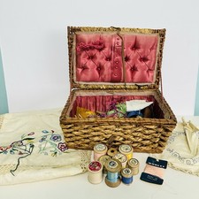 Vintage Wicker Sewing Basket Inc Tapestry Wooden Spool Threads Reels Dewhurst