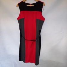 Sandra Darren Red Mix Colour Block Sleeveless Dress with Belt UK14