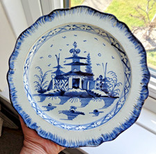 18TH CENTURY ENGLISH PEARLWARE BLUE & WHITE CHINESE PAGODA PLATE – STAFFORDSHIRE