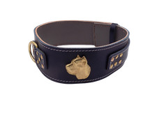2.5" Navy Blue Heavy Duty Leather Dog Collar with Unique Gold Cane Corso Badge