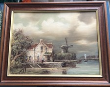 Vintage I Costello Signed Oil  Painting Farm/Windmill Landscape 