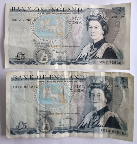 Two five pound notes 1973 - two,