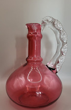 Antique Victorian Cranberry Glass Decanter Frilled Handle 19.5 cm .