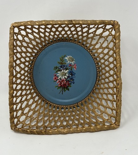 Vintage tin basket wicker - basket,