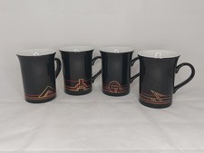 Set of 4 80's Art Deco Geometric Black Red Gold Kiln Craft Tea Coffee Mugs Cups