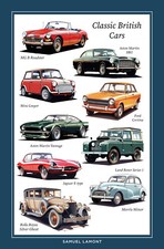 CLASSIC BRITISH CARS tea towel car cotton tea towels Land Rover Mini Jaguar MG