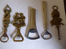 4 x Old Bottle Openers and 1 x Corkscrew - 3 x Brass & 2 x Plated
