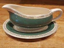 Vintage Crown Ducal AGR Chatsworth Green Gravy Boat & Plate 7348
