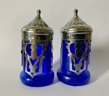 Vintage Cobalt Blue Glass Salt & Pepper Shakers With Silver Colour Metal Overlay