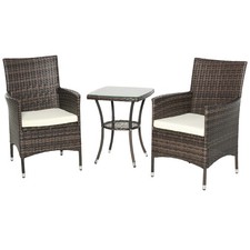 3pc Rattan Patio Furniture Set – 2 Armchairs & Coffee Table with Cushions