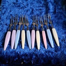 10 Vintage Retro Cocktail Forks 60s castle colours pink blue and ivory