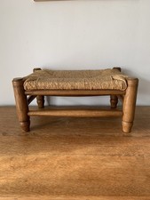 Vintage French Wooden Woven Rush Footstool Farmhouse Country Cottage