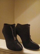 ZARA Black  Suede ANKLE BOOTS With Statement Gold Zip Front Heels. Size 7.