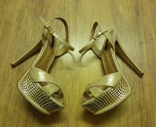 Black Sand High Heel Platform Beige All Leather Party Sandals Size 6.5/40 VGC