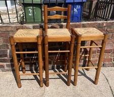 Set Of 3 Retro Solid Beechwood Rush Top Kitchen Bar Stools Pub Seats