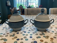 DENBY CASTILE LIDDED HANDLED SOUP  / CASSEROLE BOWLS X 2  STONEWARE LOT A