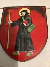 Vintage Copper Enamelled Wall Shield Depicting A Monk Heavyweight Approx 9” X 7”