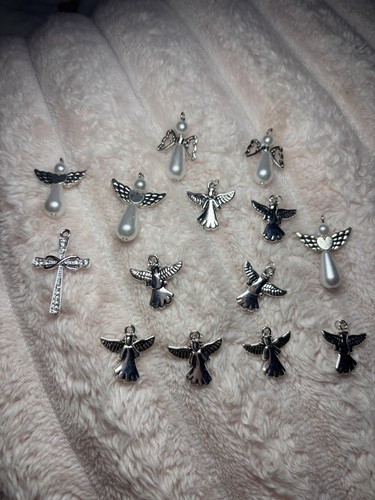 Silver angel cross - silver, charm