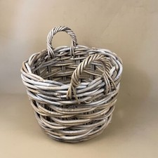 Wicker Small Round Basket With Handles Vintage French Woven Wood Beige Brown