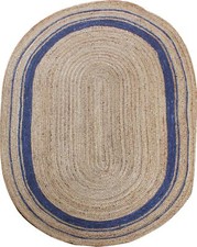 Oval Jute Rug Farmhouse Seagrass Rug Handmade Area Floor Jute Carpet- Beige+Blue