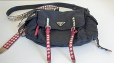 PRADA Studded Shoulder Bag Nylon/Leather Black/Red 1BD118 