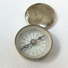 ANTIQUE VICTORIAN POCKET COMPASS Brass Box Case with Lid Vintage c.1860